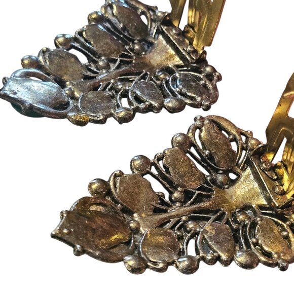 VTG Art Deco Green Leaf Cabochon Dress Clips Silver Tone 1930s 40s? Estate - Picture 12 of 12
